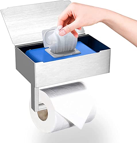 Toilettenpapierhalter ohne Bohren, Silber Klopapierhalter mit Feuchttücherbox, WC Papier Halterung mit Ablage, Wandmontierter Aus WC Rollenhalter Edelstahl für Bad und Küche Cover