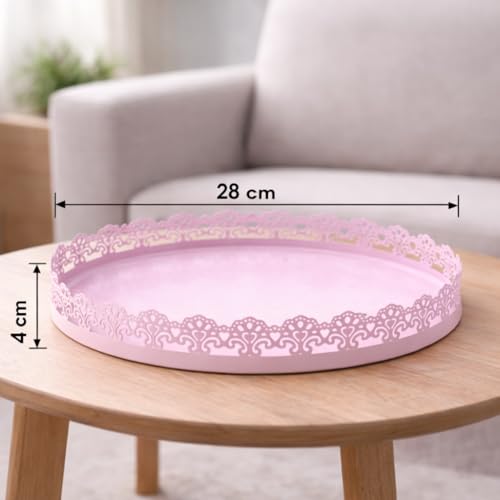 Image of Gold Finish Decorative Metal Tray | Multipurpose Serving & Vanity Tray | Premium Cutwork Design | Home Decor Organizer | 28 x 4 cm (Baby Pink)
