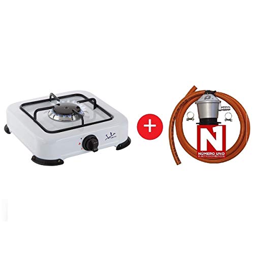 ElectrodomesticosN1 Pack Hornillo a Gas Jata CC703 Blanco, 1 Fuegos + Regulador de Gas butano HVG, Tubo Manguera 0,8 Metros, Abrazaderas