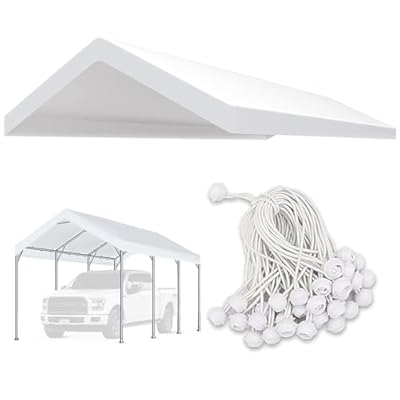 CYS Canopy 10 x 20 Feet Carport Replacement Canopy Cover for Car Tent Top Garage Shelter Cover with Ball Bungees (Only Cover, Frame Not Included) (White1)