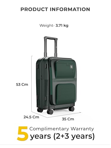 Image of EUME Aerotop Cabin Trolley Bag Small | Top Open Suitcase | Expandable Hard Polycarbonate Luggage | TSA Lock, Anti Theft Zipper, Silent Wheels | 16 inch inch Laptop Holder + Charging Port | 50L Green