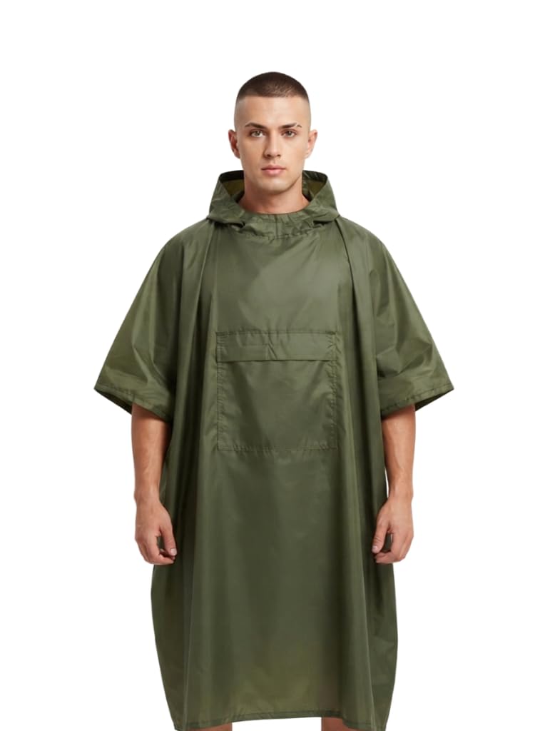 Waterproof Rain Poncho for Men & Women | Hooded Full Body Rain Coat | Reusable PVC Coated Rainwear with Front Pocket | Olive Green | Unisex | Free Size-image-35