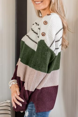 Women's Green Color Block Striped Buttoned Shoulder Split Sweater3