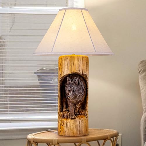 TOCHIC Rustic Table Lamp Farmhouse Wolf Lamp for Living Room Carved Large End Table Lamp Nightstand Lamp for Side Table End Table Nightstand for Bedroom 265 H