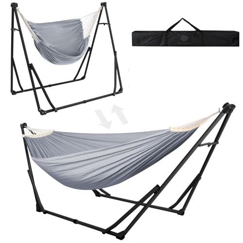 Anyoo Hamaca y Silla Hamaca de Algodón con Soporte Plegable, Set de Soporte de Hamaca Portátil de Doble Uso para Hamacas de Interior y Exterior Jardín Terraza Patio Camping Cubierta