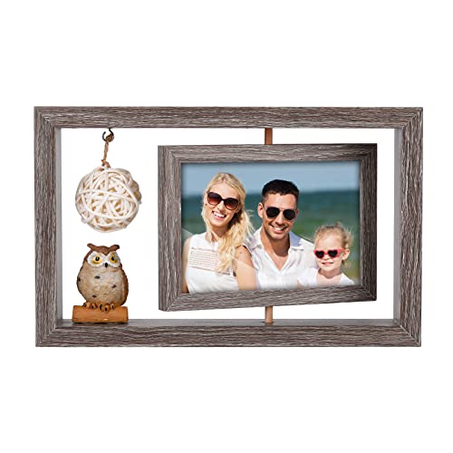 Grabado Owl Remembrance Picture Frame, 4X6 Rustic Rotating Diy Floating Photo Frames, Double Sided Display Spinning High Definition Photo Frame For Tabletop Or Desktop Display，Gift (Horizontal) #TOP5