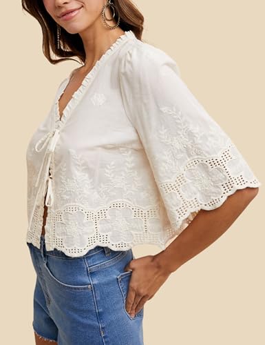 Esmeling Women’s Floral Embroidery Short Sleeves Shirt V Neck Summer Scallop Edge Bow Tie Front Blouse4