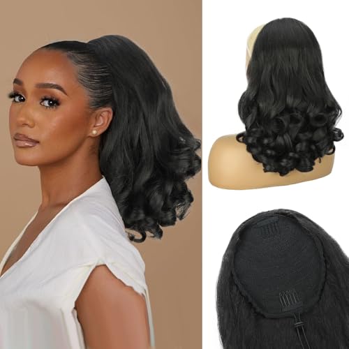Cisyia Ponytail Extension 16 Inch Wavy Curly Black Drawstring Ponytail For Black Women Yaki Loose Curly Pony Tails Natural Synthetic Hairpiece Thick For Daily Use cover