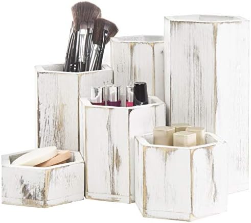 MyGift Whitewashed Wood Hexagonal Jewelry Display Risers, Set of 6