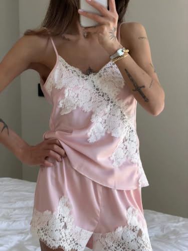 Image of Women Lace Trim Coquette Shorts Set Silk Satin 2Pcs Pajama Set Sleepwear
