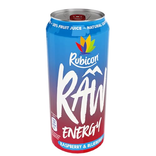 Rubicon RAW 12 Pack Raspberry & Blueberry 500ml Energy Drink, 20% Real Fruit Juice, High caffeine with B-Vitamins, Ginseng & Guarana, No Artificial Colours or Flavours, Reduce Tiredness & Boost Energy - Image 3
