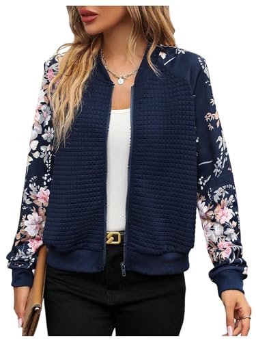 Verdusa Women's Floral Print Zip Up Waffle Bomber Jacket Raglan Long Sleeve Outerwear