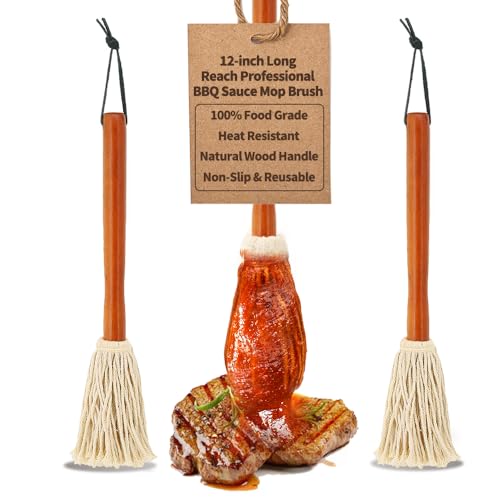 12 BBQ Sauce Basting Mops & Brushes for Roasting or Grilling Apply Barbeque Marinade or Glazing Cotton Fiber Head and Hardwood Handle Dish Mop Style Perfect for Cooking or Cleaning - Pack of 3
