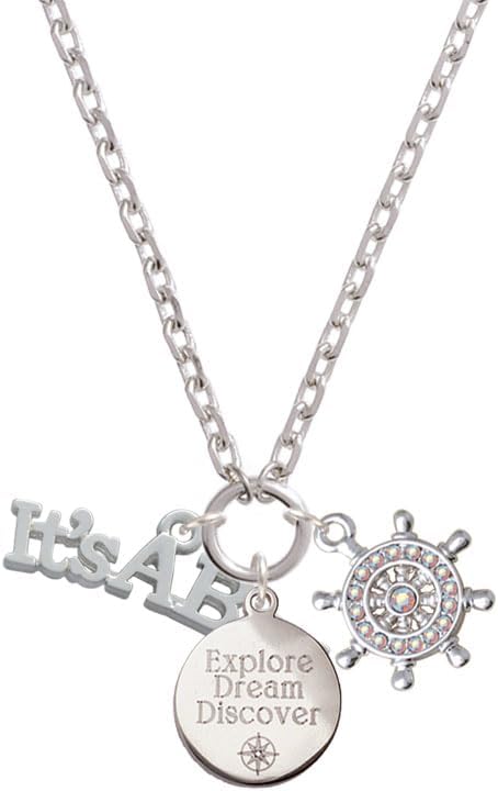 Delight Jewelry Silvertone Large New Baby Gender Reveal Explore Dream Discover Zoey Charm Necklace, 28"