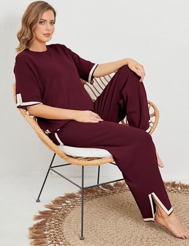 Image of Tanming Sweater Sets Women 2 Piece Lounge Sets Short Sleeve Knit Pullover Tops Wide Leg Pants