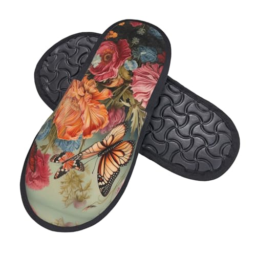 Flowers and Butterfly printing Fall Winter Fuzzy Slippers Comfy House Shoes,Portable for Hotel Travel Gifts for Women and Men2