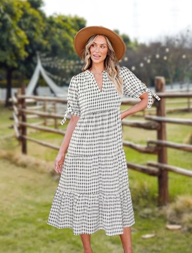 Image of Theenkoln Womens Casual Midi Dress: Short Sleeve V-Neck Empire Waist Gingham Spring Fashion Long Trendy Tiered Formal Dresses