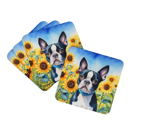 Caroline's Treasures Boston Terrier in Sunflowers Foam Coasters Set of 4 Cup Coasters for Indoor Outdoor, Tabletop Protection, Anti Slip, Mouse pad Material
