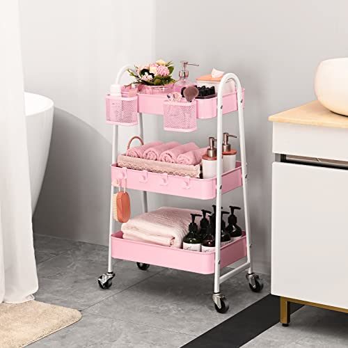 KINGRACK 3 Tier Utility Rolling Cart, Metal Rolling Storage Cart, Craft Art Cart with Handle and Locking Wheels & 2 Hanging Baskets 4 Hooks for Bathroom, Bedroom, Pink - Thumbnail 6