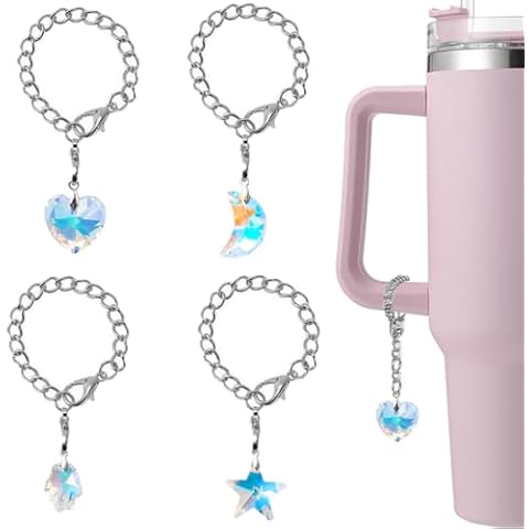 ESWEUOOM Silver Moon and Star Heart Love Charms for Stanley Cup, Diamond Accessories for 40 oz 30 oz, Cute Women Bling Tumbler Charms, 4 Pack Water Pendant for Handle Chain (Heart) Cover