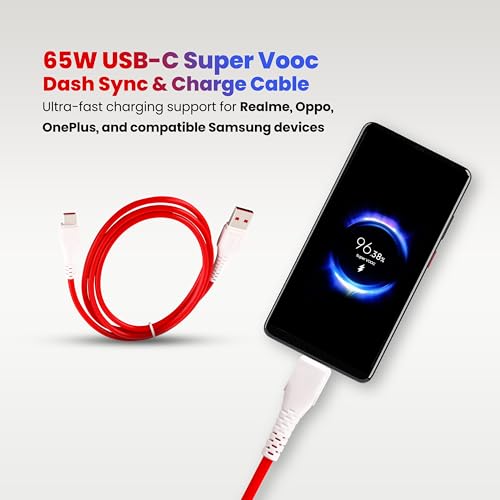 Image of Nextech USB A to USB-C 65W Super VOOC /Dash Sync & Charge Cable compatiable with Samsung, Realme, Oppo & other Smartphones, Tablets & Type C devices (1 Meter)