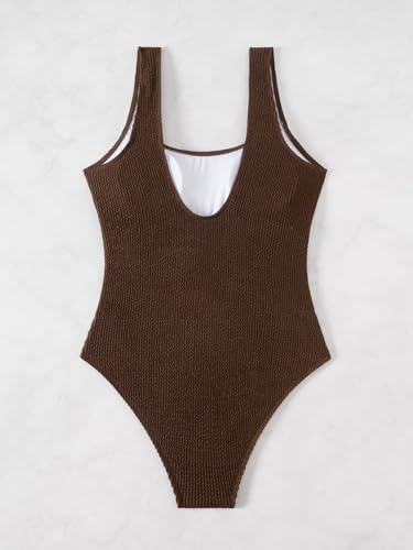 Image of Limeeke Women One Piece Swimsuit Solid Ribbed Monokini Swimwear Scoop Neck Low Back Bathing Suit