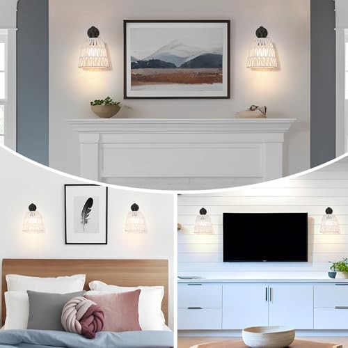 Image of Boho Battery Operated Wall Sconce Set of 2, White Rattan Rechargeable Wall Lights with Dimmable Bulbs and Remote,15 Colors Wireless Wall Lamps for Bedroom Living Room Hallway Decor