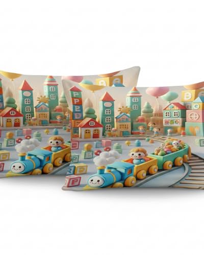 Image of 7D Flat Bedsheet 400TC Sheet Set, Kids Design bedsheet, Floral Design, Decorative Bedding with Daisy Pattern, Kids Room Decor, 90X100 Inch (Train)