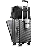 Carry On Luggage with Front Compartment and Cup Holder, KVF Expandable PC Hard Shell Suitcase with Front Pocket (FX-Plus, Gunmetal, 2-Piece (20/Tote))