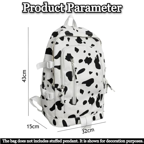 Image of Retro Animal Cow Spotted Theme Waterproof Canvas School Bag Stylish Multiple-Compartment Large Capacity Zipper Bag Lightweight Casual Daypack for Elementary, Middle & High School Students