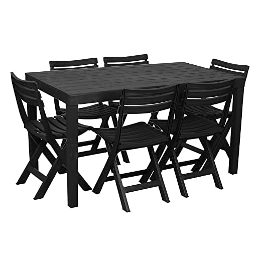 URBNLIVING Rectangle Garden Plastic Patio Dining Table & Folding Chairs Outdoor Furniture (6)