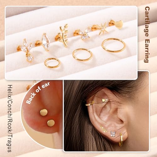 G23 Titanium 10Pcs 16G/18G Stud Earrings Flat Back Tragus Cartilage Earrings Rings Hoops CZ Butterfly Flower Leafage Heart Stud Labret Conch Helix Piercing Jewelry Set4
