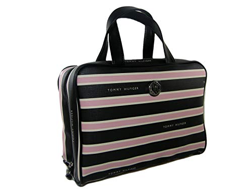 New Tommy Hilfiger Logo Cosmetics Make Up Bag Travel Train Case Black Pink Stipe