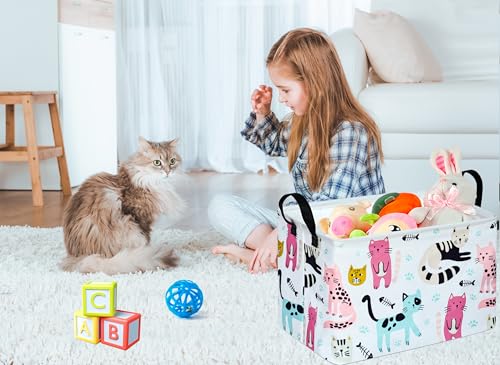 Image of Rectangle Gift Storage Basket Home Shelf Storage Basket Organizer Box Clothes Laundry Hamper Nursery Basket Laundry Basket with Handles (Cat)