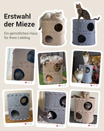 DownyPaws Katzenhöhle aus Filz, 2-stöckige Katzenbett, 50 x 33 x 50 cm Schloss Katzenhaus zum Spielen, Warmes Design, Schutz der Katzennägel, Grau