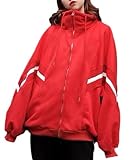 [1/2style] ジャンパー ライン 入り スウェット トップス ウィンド ブレーカー ライト アウター 裏 起毛 レディース (JP, アルファベット, L, 赤)