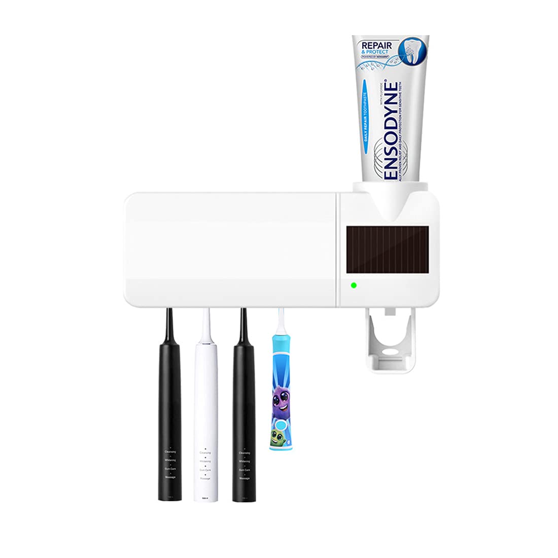 Dispensador automático de Pasta de Dientes Soporte para Cepillo de Dientes eléctrico Esterilizador de Cepillo de Dientes con luz Ultravioleta de Carga Solar montado en la Pared para baño(Blanco)
