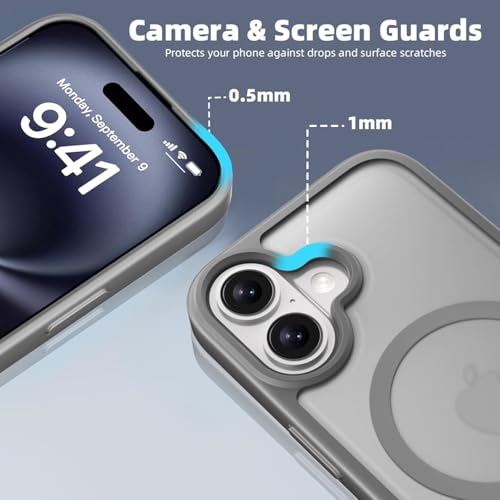Image of Elzzi Magnetic for iPhone 17 Case, [Full Camera Protection] [Compatible with Magsafe] [Translucent Matte] Shockproof Protective Phone Case for Men & Women - Grey
