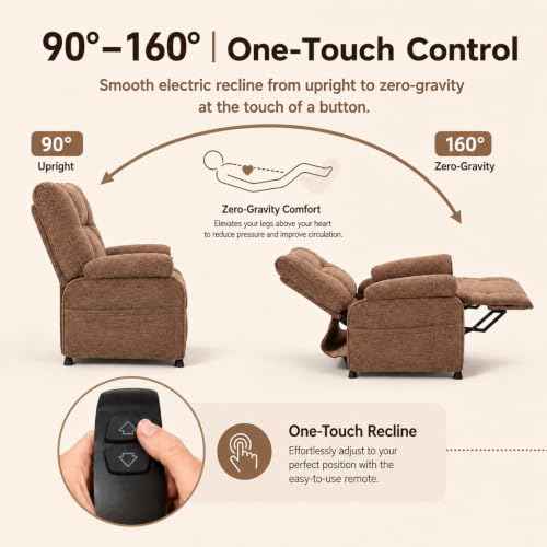 Image of Electric Recliner Chair, 90 to 160 Adjustment with Remote, Brown | Recliner Sofa with USB & Type C Charging, Chenille Upholstery and Side Storage Pocket, Zero Gravity Home Theater Seating