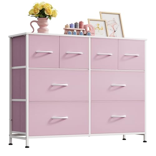 Image of WLIVE Dresser for Bedroom with 8 Drawers, Wide Fabric Dresser for Storage and Organization, Bedroom Dressers, Chest of Drawers for Living Room, Closet, Hallway, Cloudy Pink
