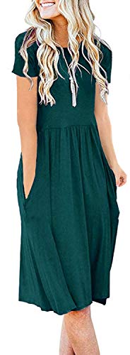 AUSELILY Women's Solid Plain Short Sleeve Pockets Empire Waist Pleated Loose Swing Casual Flare Dress Dark Teal Hunter Green (M,Dark Green)