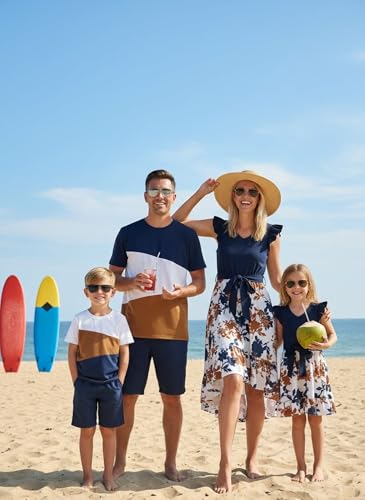 Image of PATPAT Family Matching Outfits Mommy and Me Outfits Floral Dress & Tee Sets | Couples Matching Outfits, Women Girl Flutter Sleeve Dress, Men Boy Cotton Blend T-shirts, Beach Vacation, Family Photoshoot