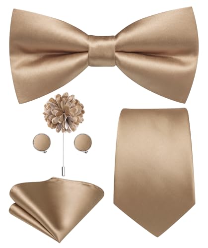 Image of Hi-Tie 5Pcs Mens Solid Color Silk Tie Satin Pretied Bowtie Lapel Pin for Men Handkerchief Cufflink Wedding Gift Box