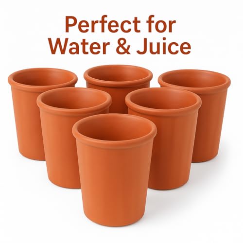 Image of KSI Earthen Clay Drinking Glass Set of 4 | 225 ml Mitti Tumbler for Water Lassi Tea Milk | Brown Unglazed Terracotta Glasses | Traditional Clay Drinkware for Kitchen and Dining