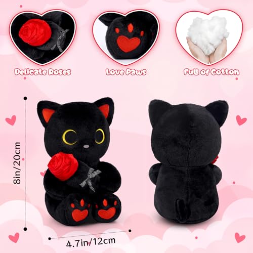 Image of Black Cat Plush with Rose- 8 inch Kawaii Stuffed Cat Gifts for Women Cute Stuffed Animal for Kids & Adults, Mother Day Mom Birthday Wedding