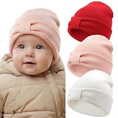 3 Pack Knit Bow Hat: Beige, Pink, Bright Red