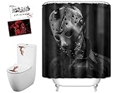 feitengda Halloween Decor Shower Curtain for Jason Voorhees - 72x72in with 10 Hooks, Bonus Toilet Sticker & 2 Halloween Postcards | Horror Movie Party Decoration