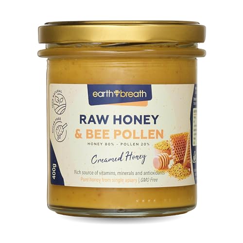 Earthbreath Miel con polen de abeja, cruda, pura, sin pasteurizar y sin filtrar, edulcorante natural (400g)