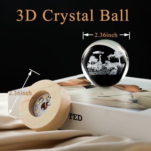 Image of 3D Dinosaur Crystal Ball Lamp with Dimmable LED and Wooden Base, Night Light for Kids Teens Adults, Home Desk Office Bedroom Decor, Birthday Gift (2.4 inch / 6cm)