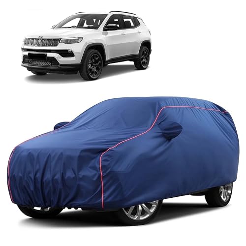 Image of Sulfar 100% Water Resistant Car Body Cover Compatible with Mirror for Jeep Compass (Triple Stitched, Full Bottom Elastic, Blue Taffeta with Red Piping)